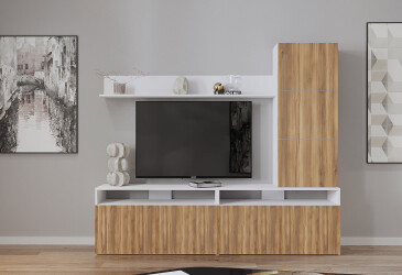 Гостиная Viant ВТ-3 с надставкой и полками 200 см, белый / янтарь