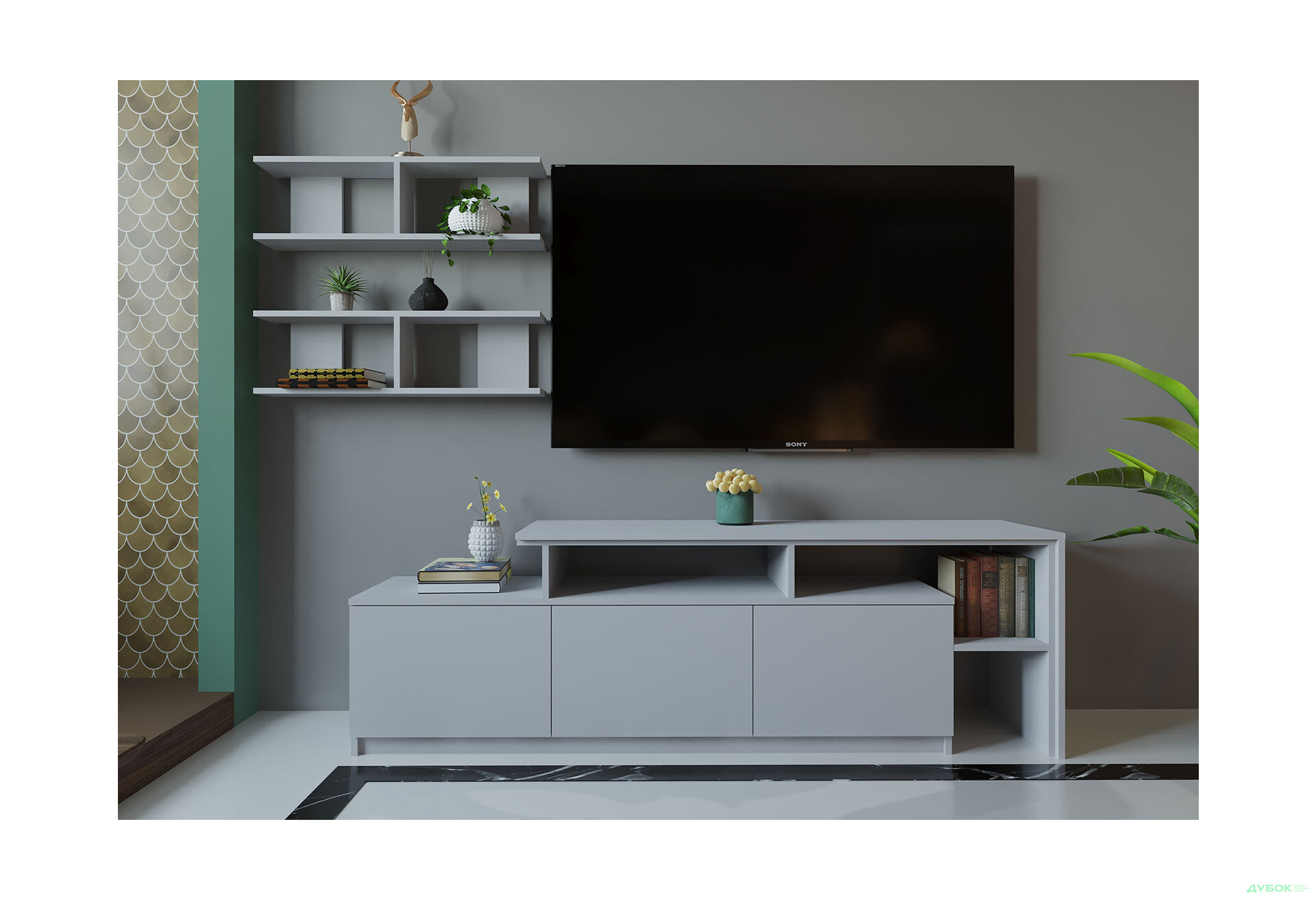 Зображення 1 - Вітальня Viant ВТ-5 з полицями, тумба 160 см, сіра