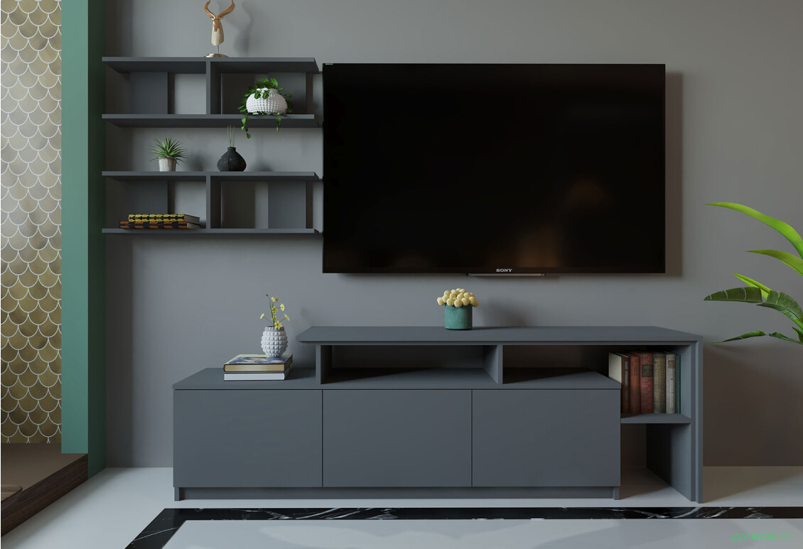 Вітальня Viant ВТ-5 з полицями, тумба 160 см, антрацит