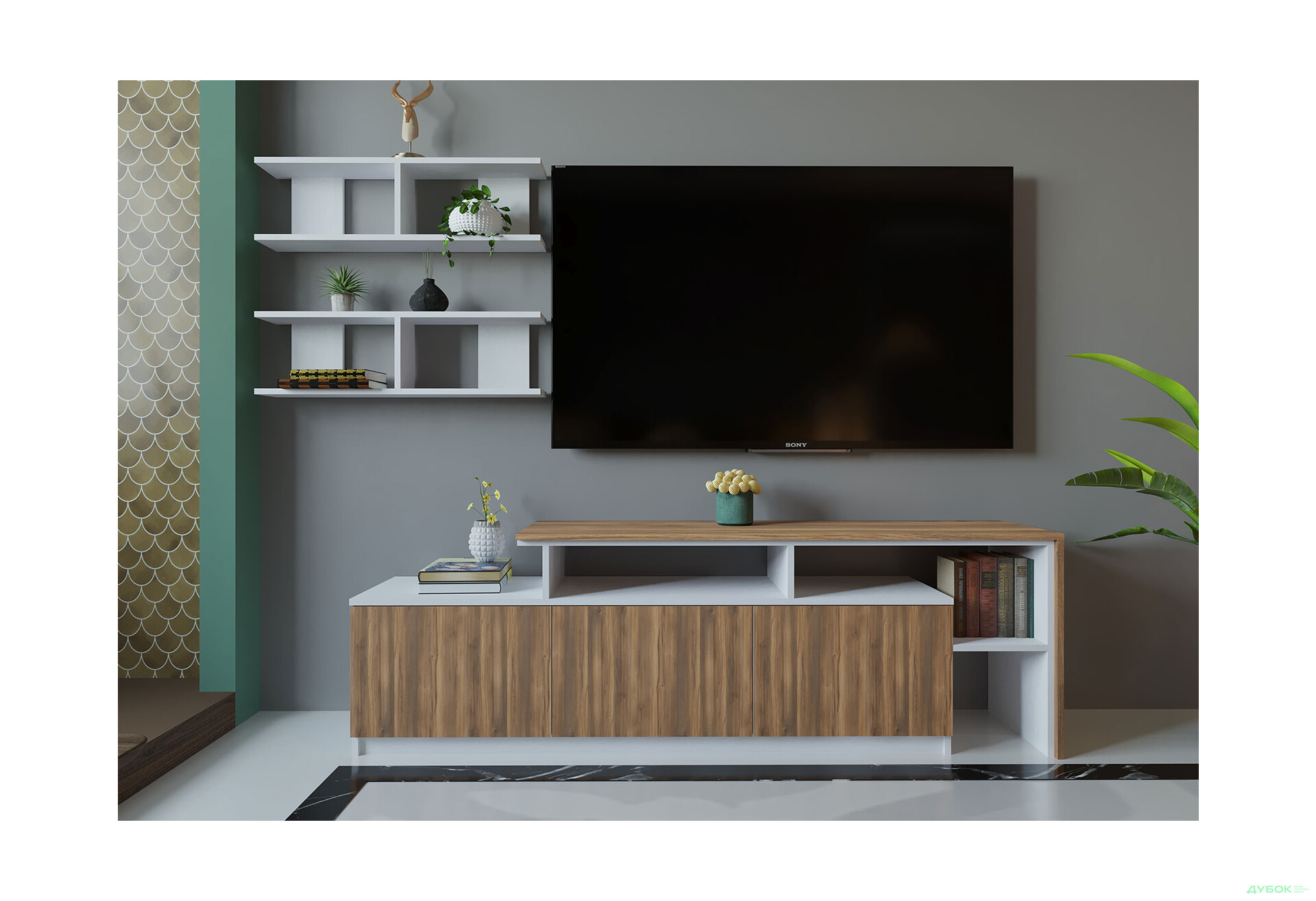 Изображение 1 - Гостиная Viant ВТ-5 с полками, тумба 160 см, белый / янтарь