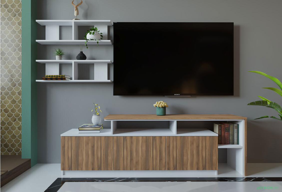 Гостиная Viant ВТ-5 с полками, тумба 160 см, белый / янтарь