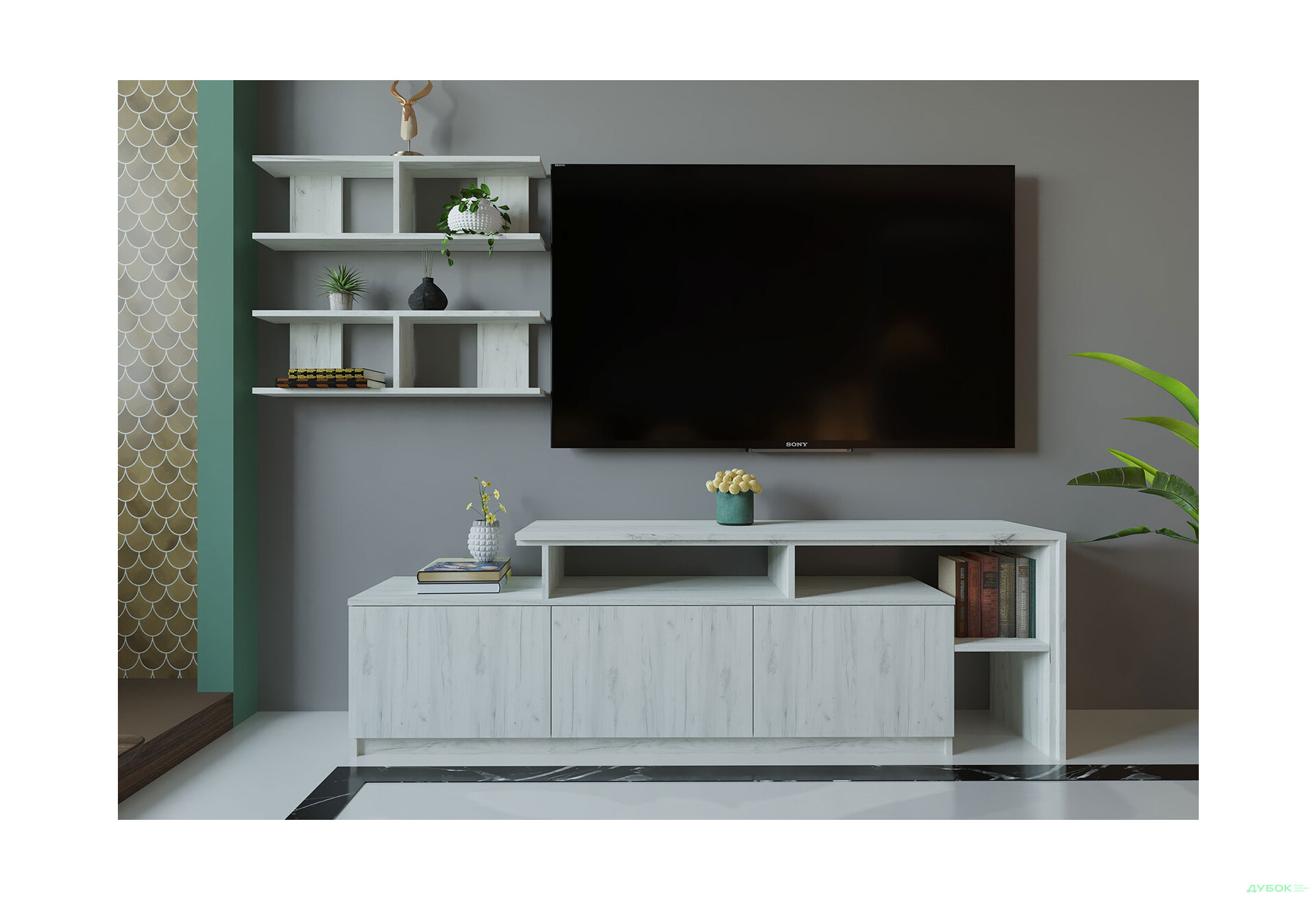 Изображение 1 - Гостиная Viant ВТ-5 с полками, тумба 160 см, дуб крафт белый