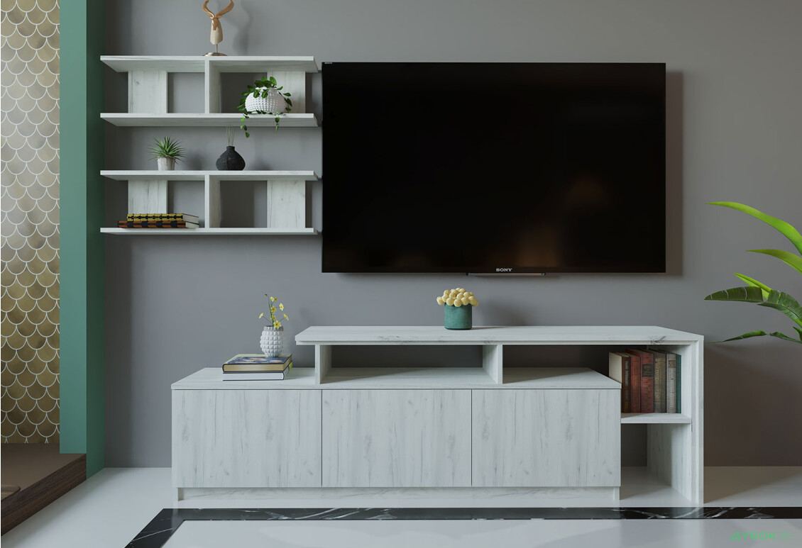 Гостиная Viant ВТ-5 с полками, тумба 160 см, дуб крафт белый