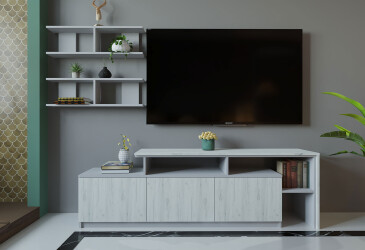 Гостиная Viant ВТ-5 с полками, тумба 160 см, серый / дуб крафт белый