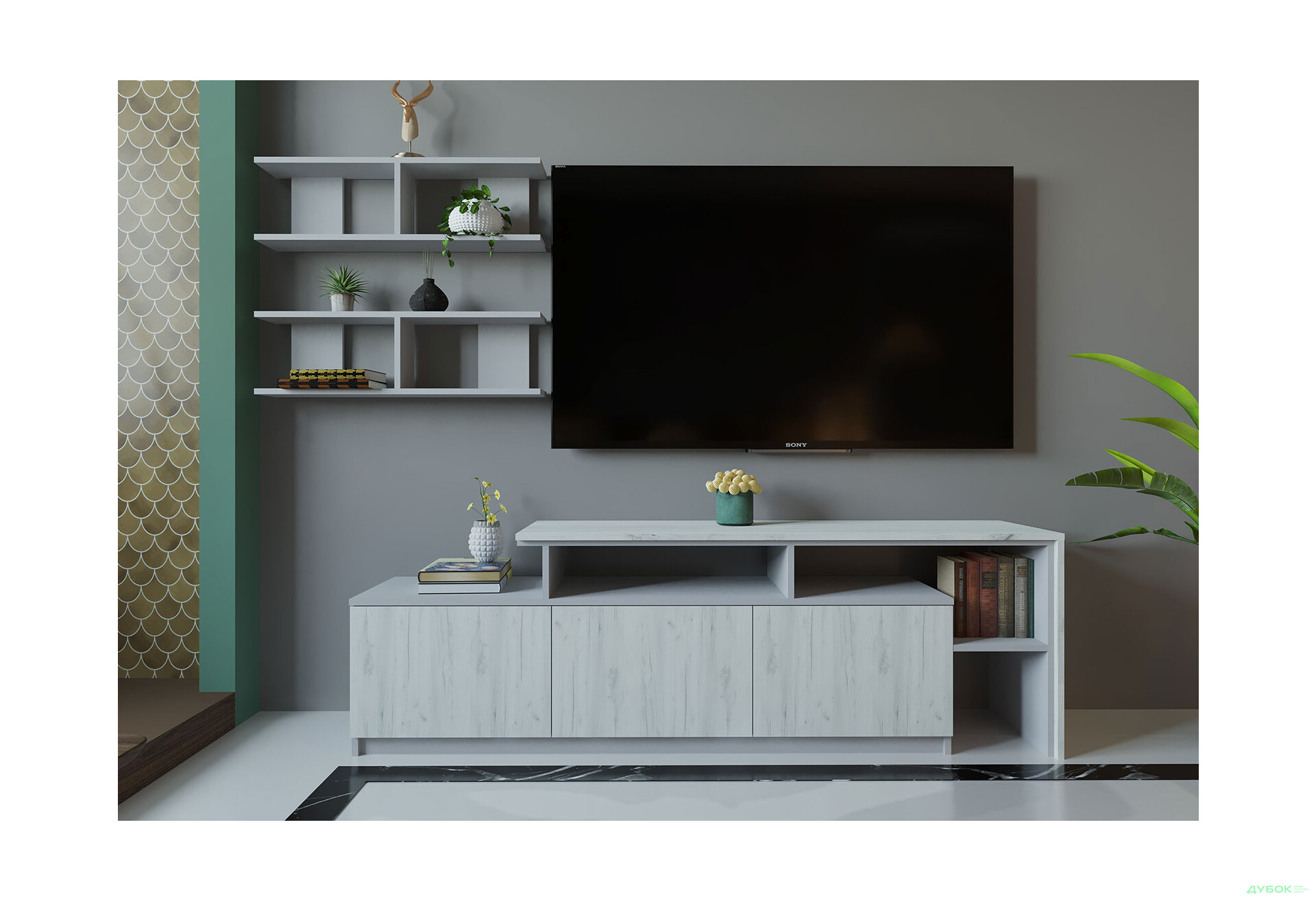 Изображение 1 - Гостиная Viant ВТ-5 с полками, тумба 160 см, серый / дуб крафт белый