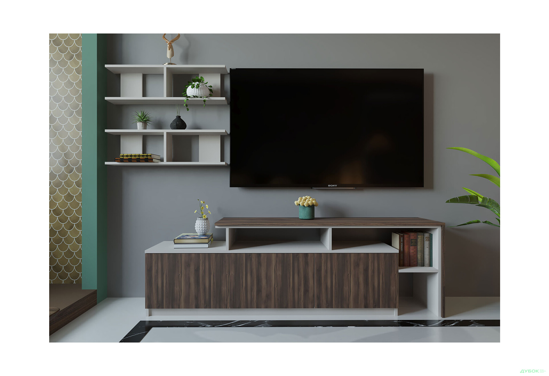 Изображение 1 - Гостиная Viant ВТ-5 с полками, тумба 180 см, белый / янтарь