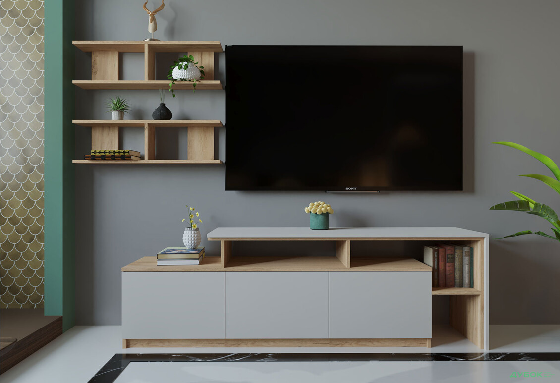 Гостиная Viant ВТ-5 с полками, тумба 180 см, дуб тахо / кашемир