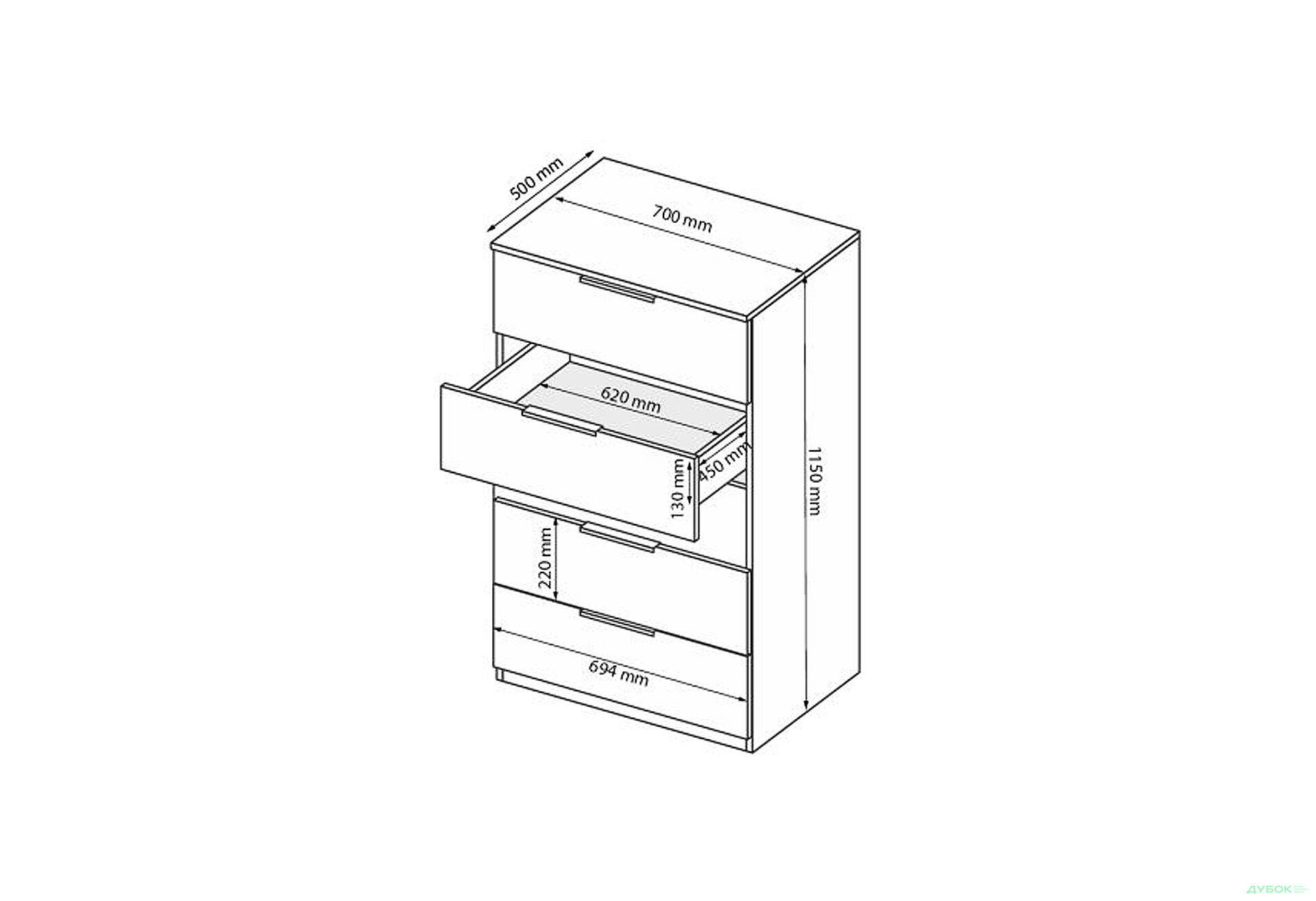 Зображення 7 - Комод MiroMark Міла з 5 шухлядами 125 см білий глянець