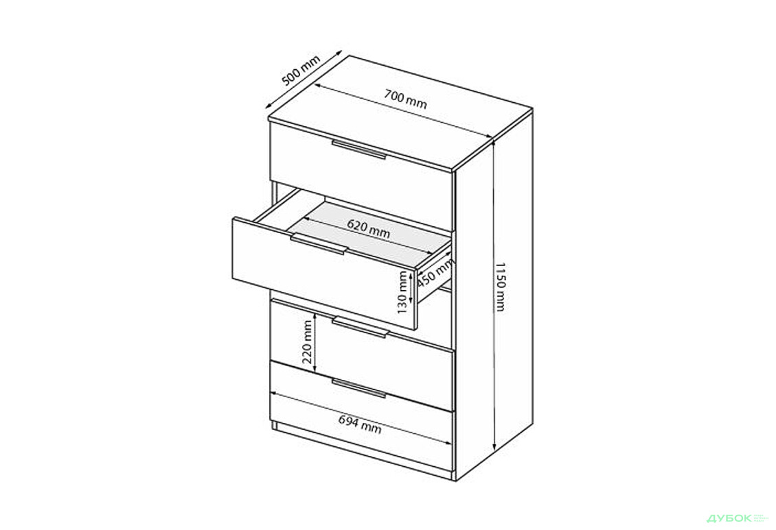 Зображення 7 - Комод MiroMark Міла з 5 шухлядами 125 см білий глянець