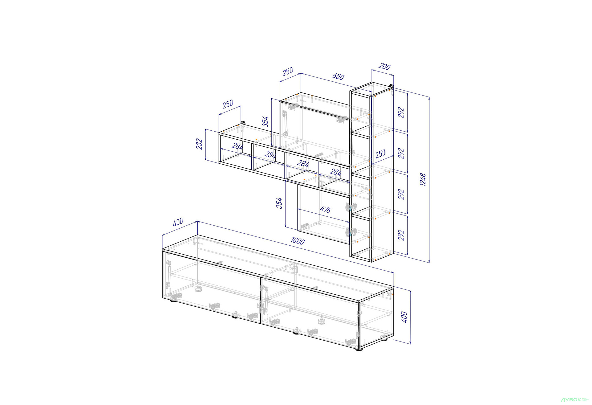 Изображение 4 - Гостиная Viant ВТ-6 с полками, тумба 180 см, белая