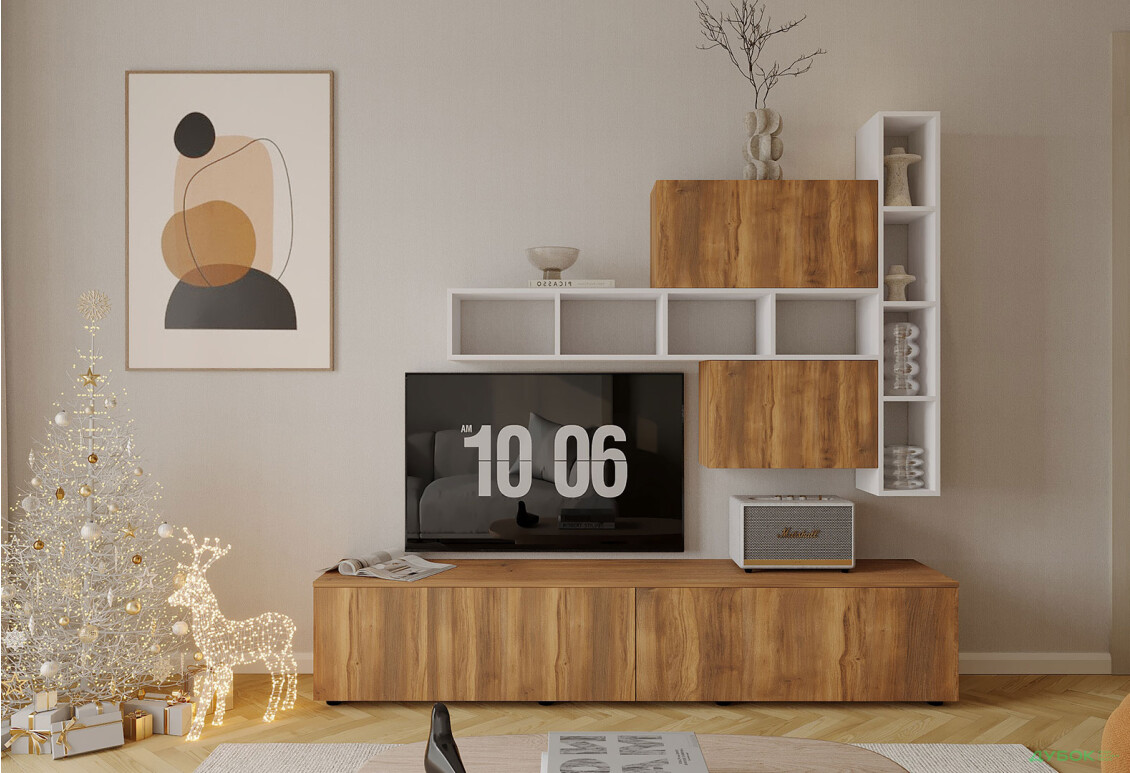 Гостиная Viant ВТ-6 с полками, тумба 180 см, белый / янтарь