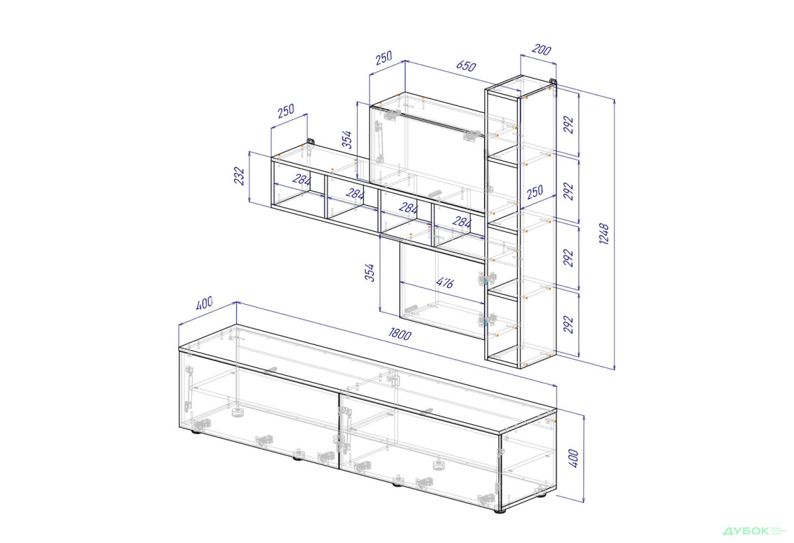 Изображение 2 - Гостиная Viant ВТ-6 с полками, тумба 180 см, серая / дуб крафт белый