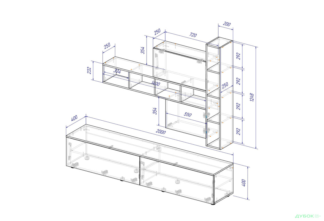 Изображение 4 - Гостиная Viant ВТ-6 с полками, тумба 200 см, белая