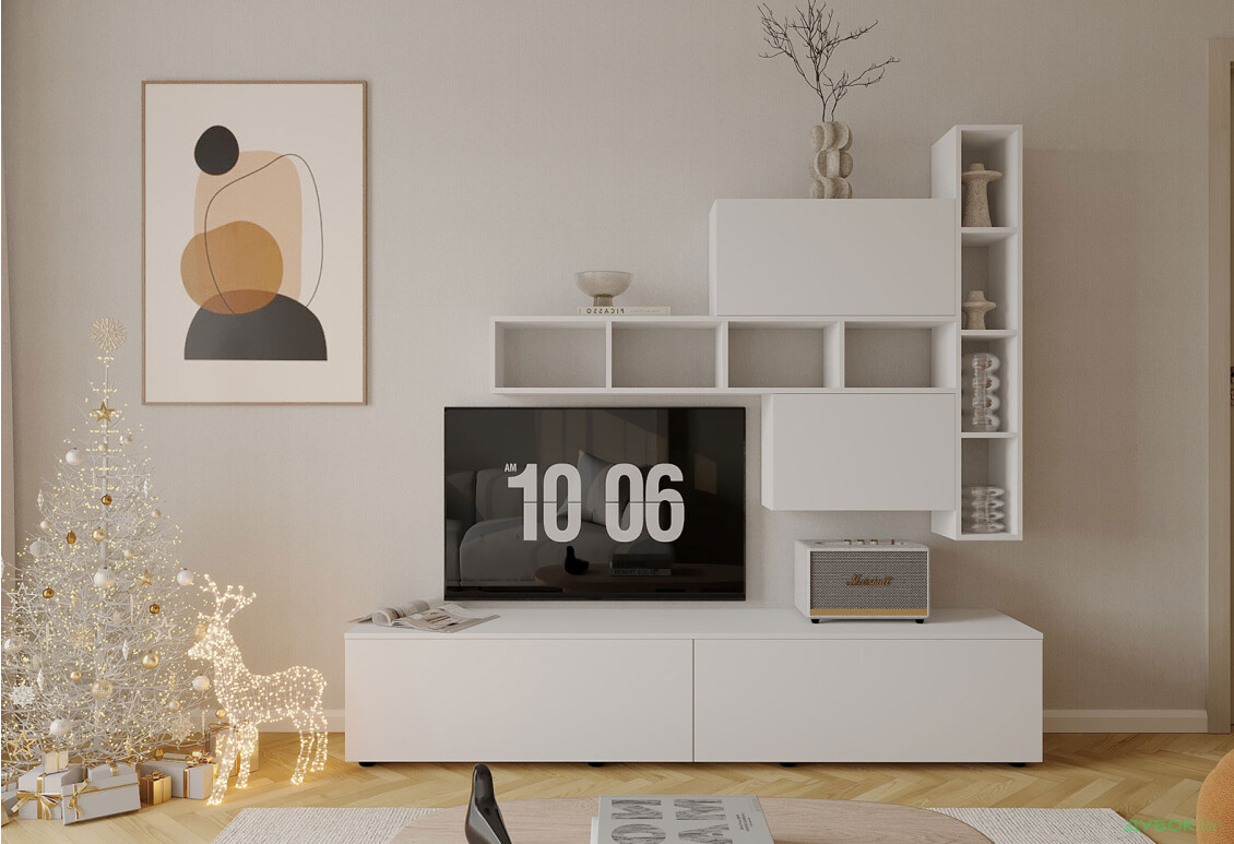 Гостиная Viant ВТ-6 с полками, тумба 200 см, белая