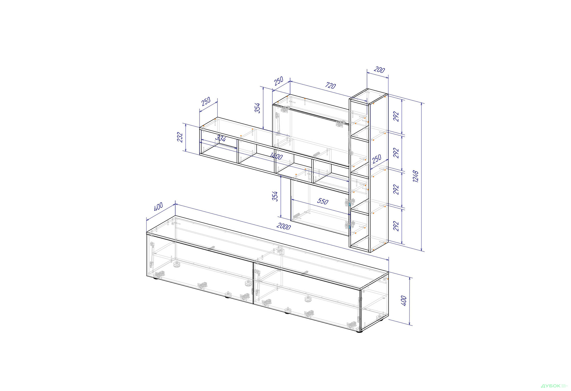 Изображение 4 - Гостиная Viant ВТ-6 с полками, тумба 200 см, белый / янтарь
