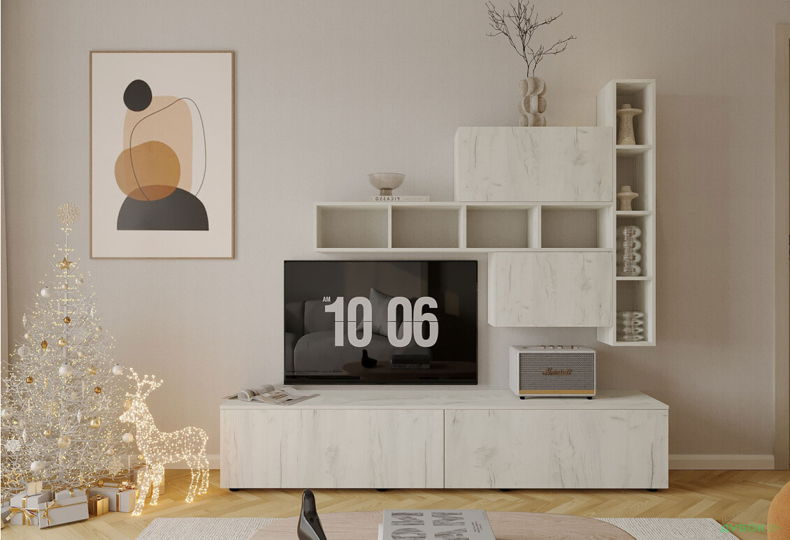 Гостиная Viant ВТ-6 с полками, тумба 200 см, дуб крафт белый