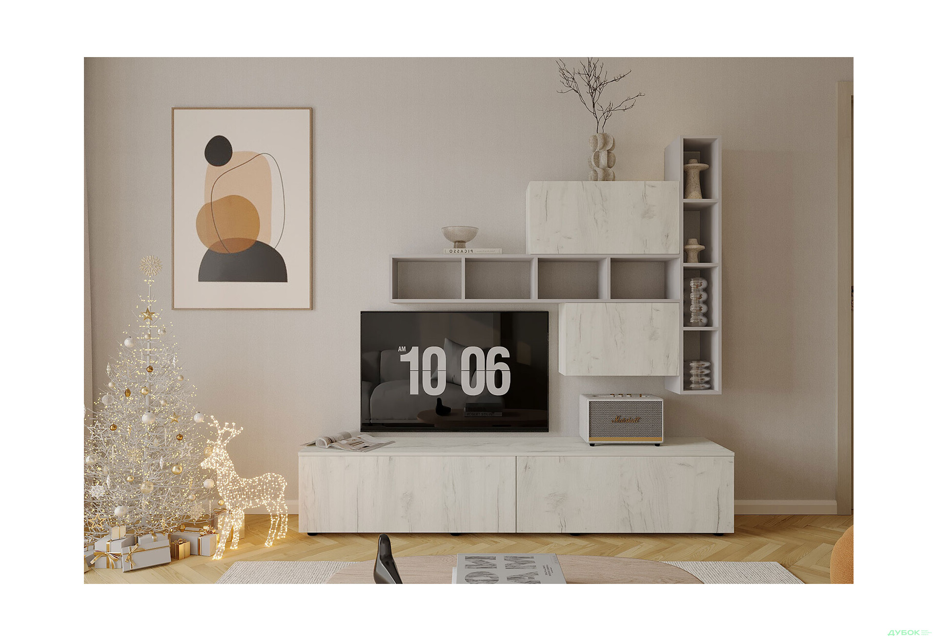 Изображение 1 - Гостиная Viant ВТ-6 с полками, тумба 200 см, серый / дуб крафт белый