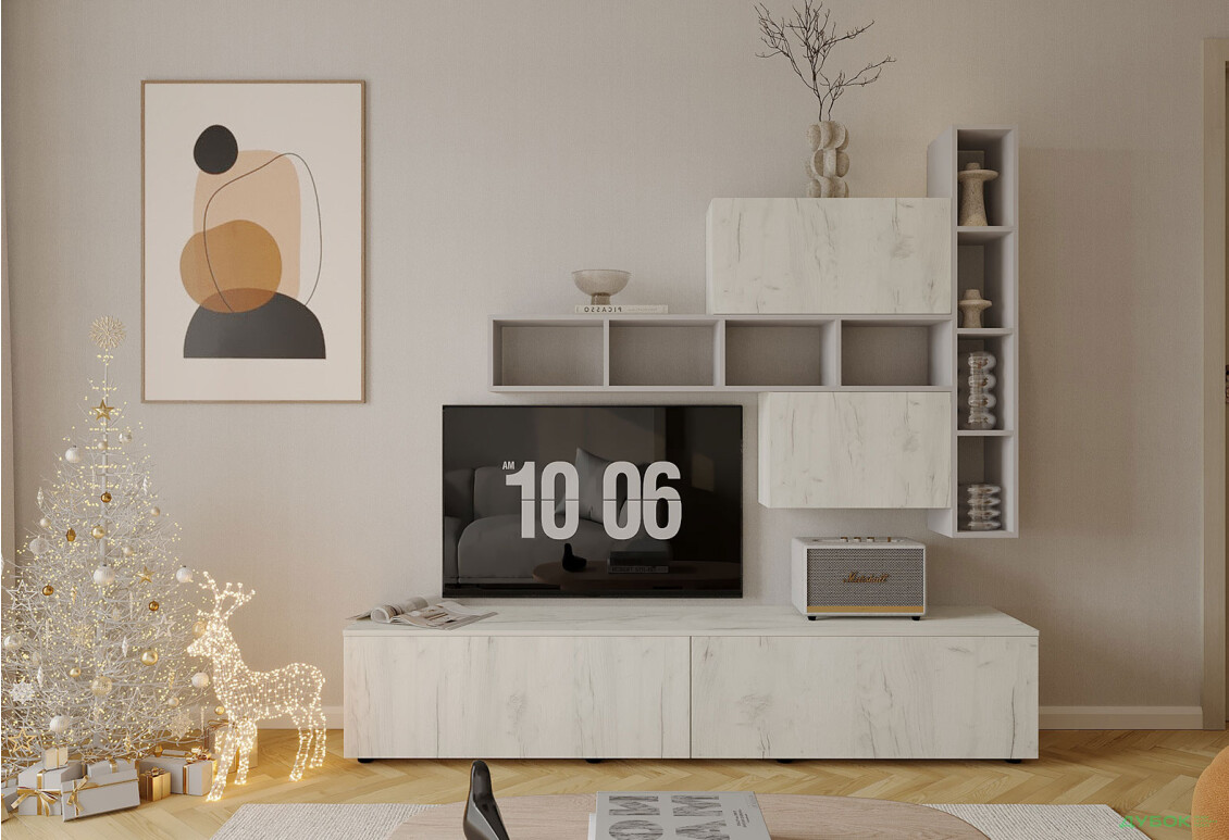 Гостиная Viant ВТ-6 с полками, тумба 200 см, серый / дуб крафт белый