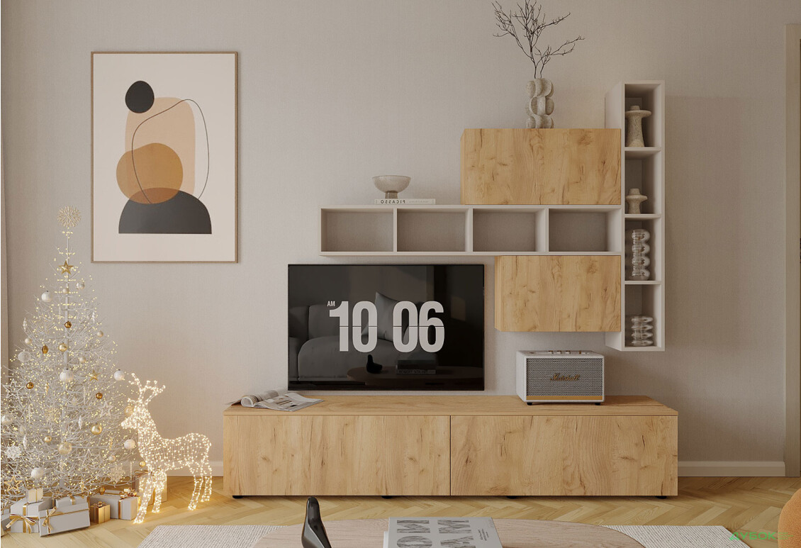 Гостиная Viant ВТ-6 с полками, тумба 200 см, дуб тахо / кашемир