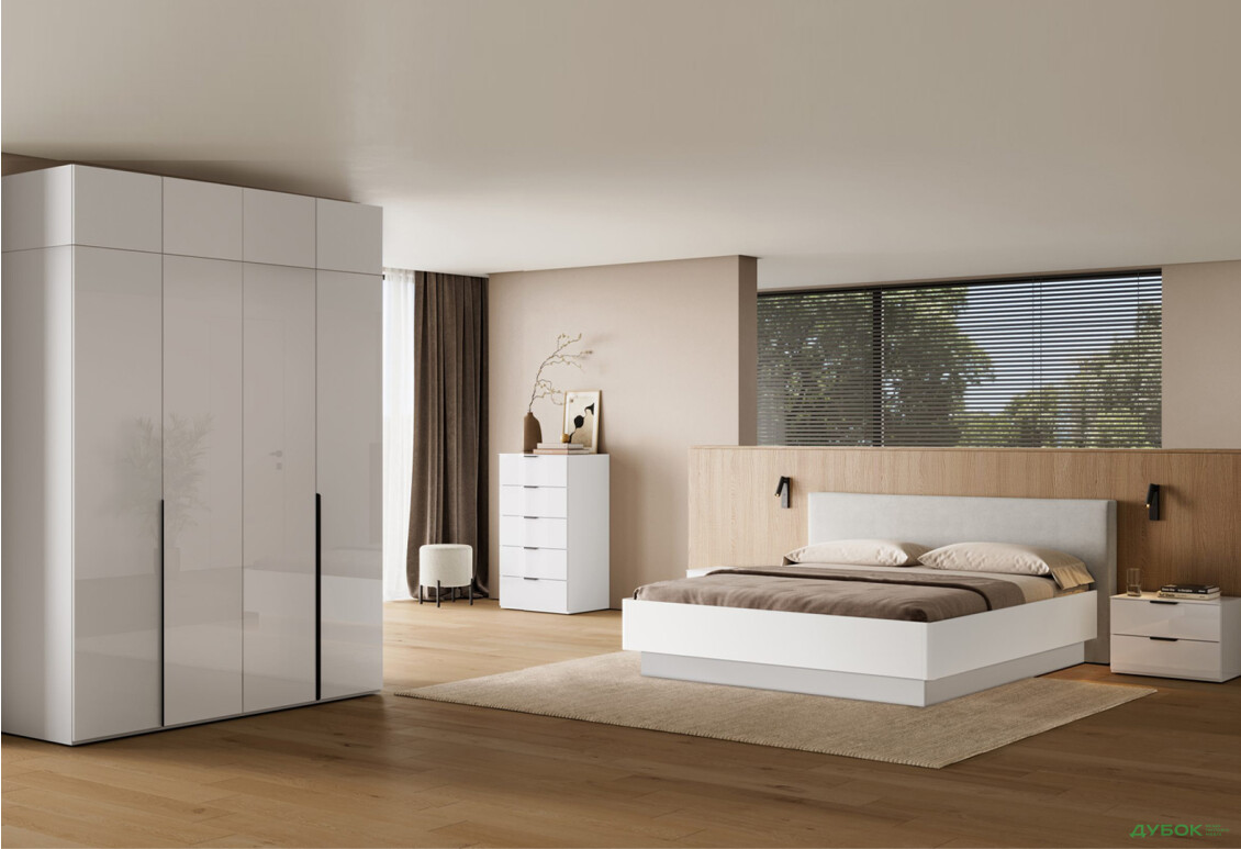 Спальня МироМарк Мила со шкафом 4Д и антресолью, глянец белый