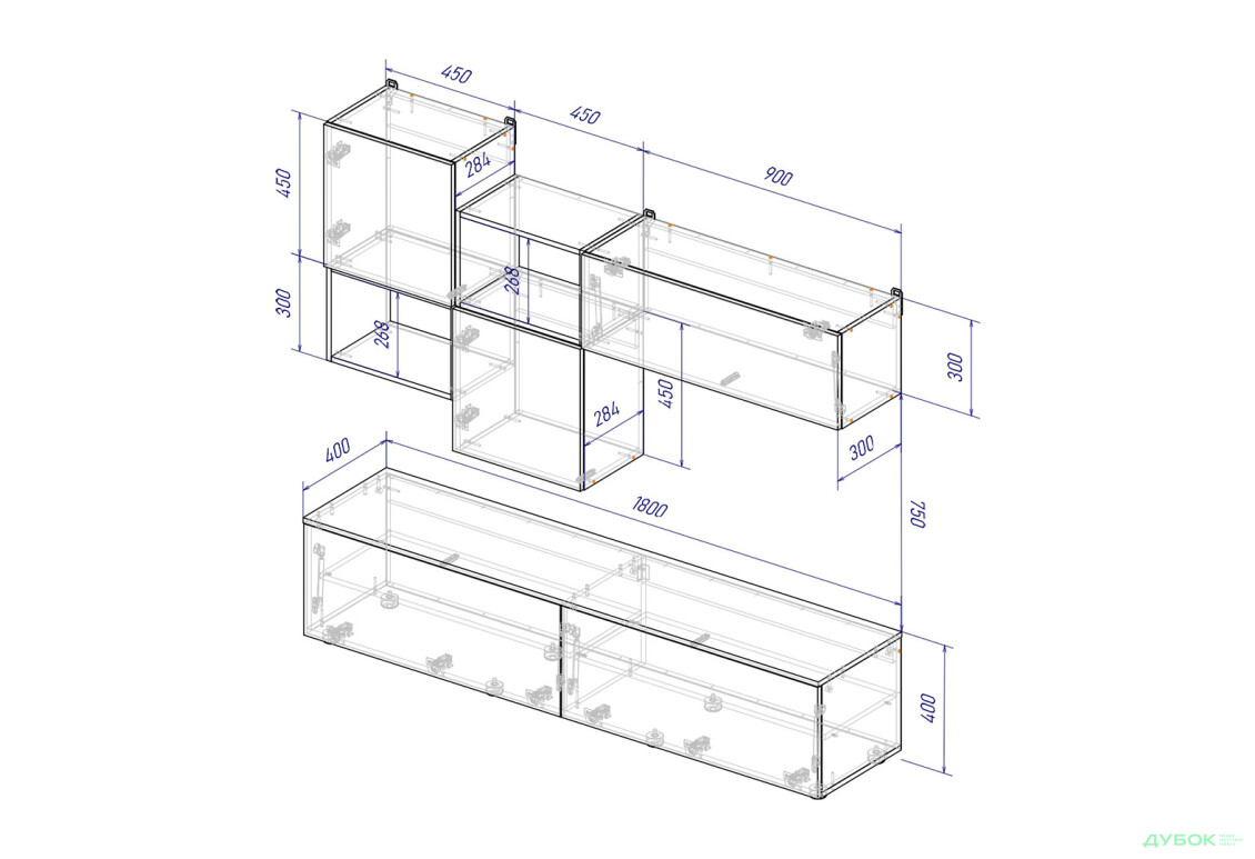 Зображення 4 - Вітальня Viant ВТ-8 з навісними полицями 180 см, біла