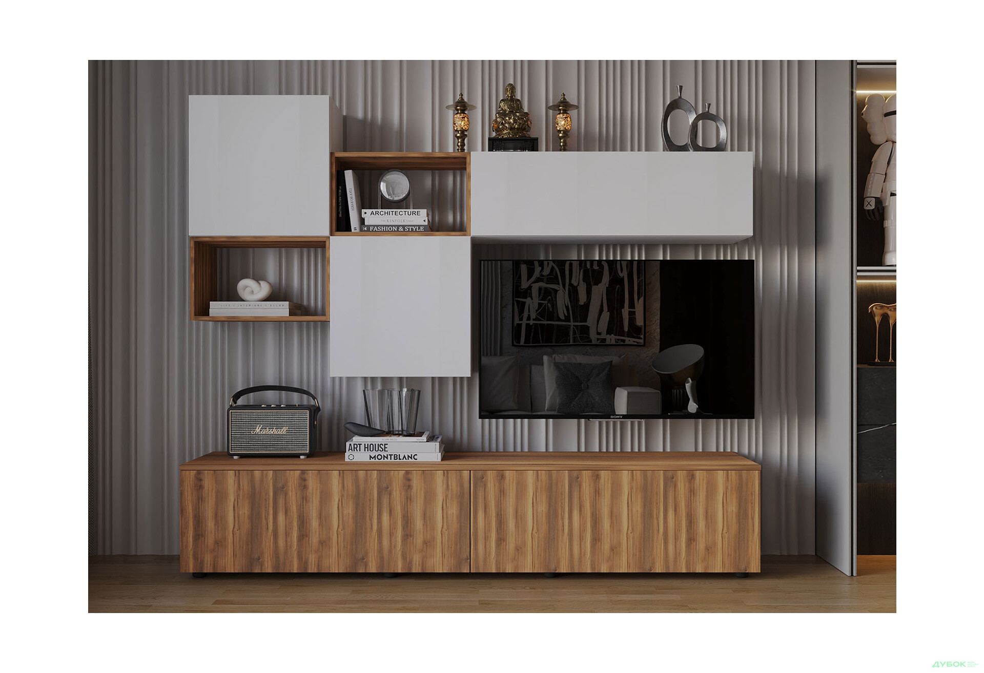 Зображення 1 - Вітальня Viant ВТ-8 з навісними полицями 200 см, білий / бурштин