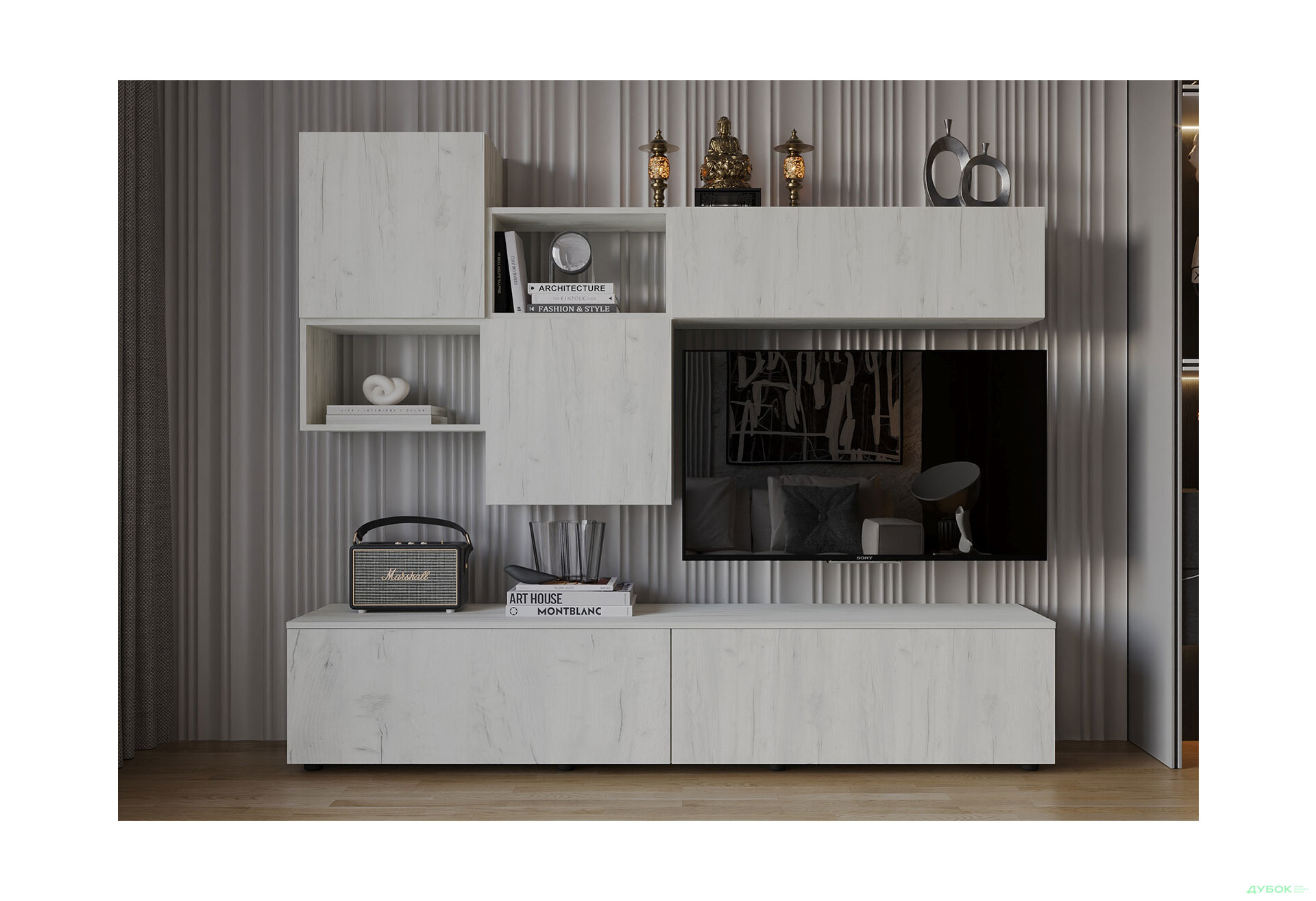 Зображення 1 - Вітальня Viant ВТ-8 з навісними полицями 200 см, дуб крафт білий