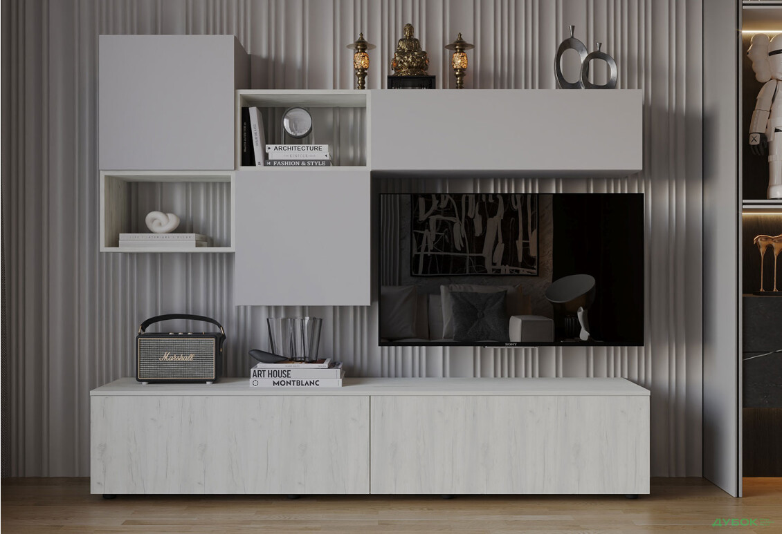 Гостиная Viant ВТ-8 с навесными полками 200 см, серый / дуб крафт белый