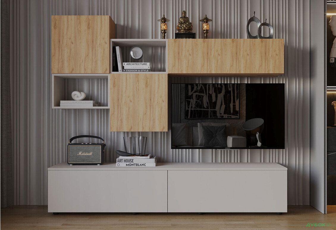 Вітальня Viant ВТ-8 з навісними полицями 200 см, дуб тахо / кашемір