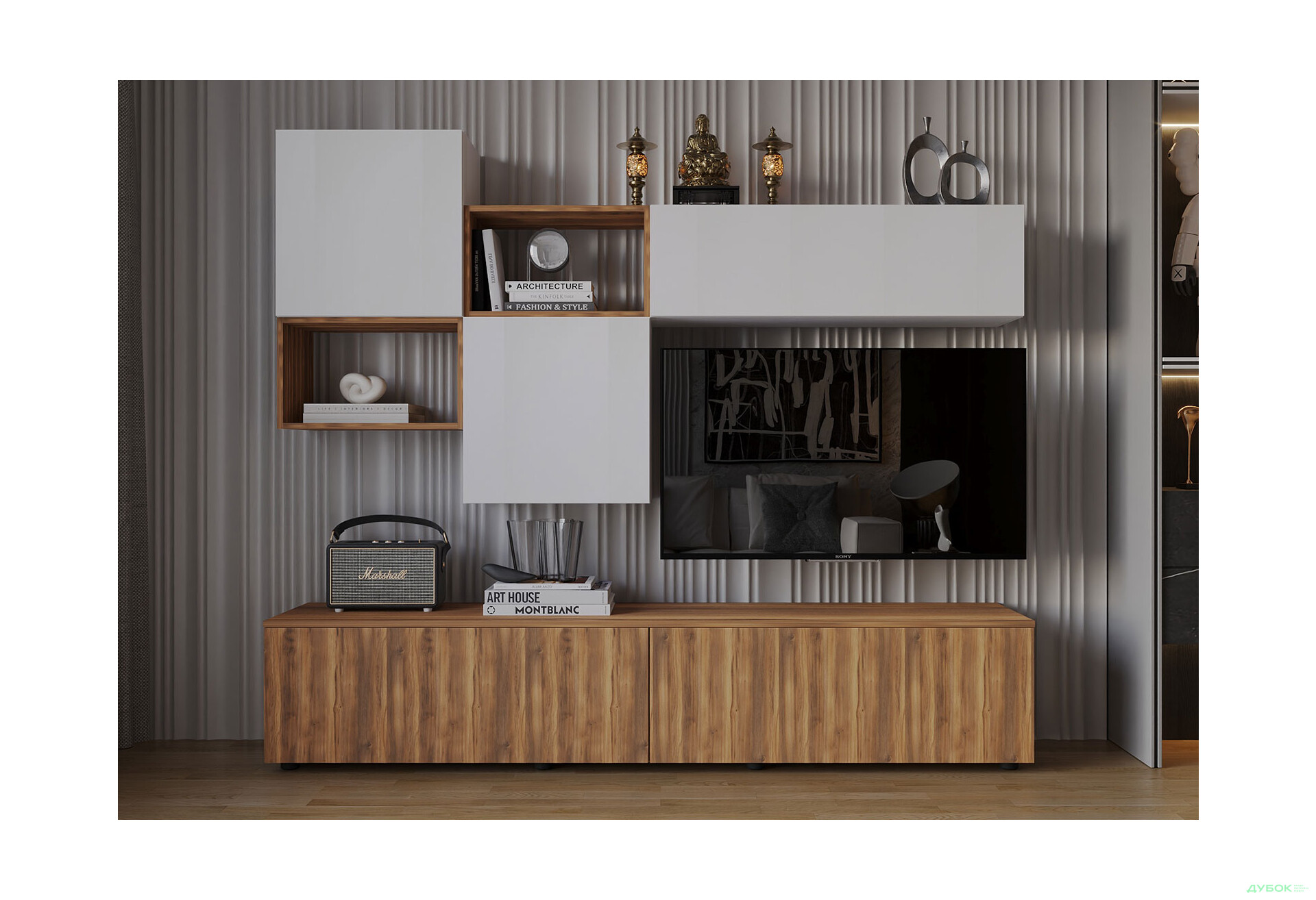 Зображення 1 - Вітальня Viant ВТ-9 з навісними полицями 180 см, білий / бурштин