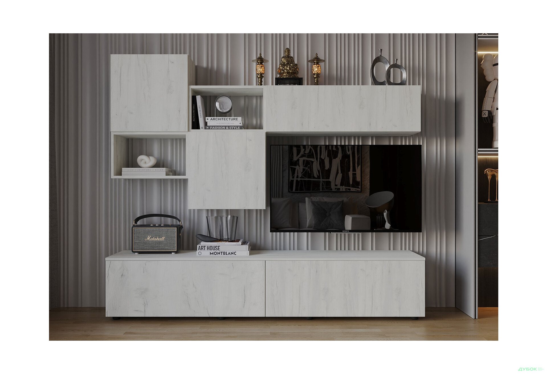 Зображення 1 - Вітальня Viant ВТ-9 з навісними полицями 180 см, дуб крафт білий