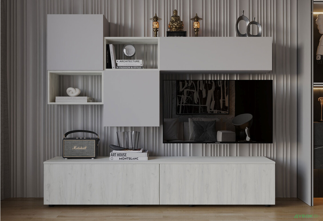 Вітальня Viant ВТ-9 з навісними полицями 180 см, сірий / дуб крафт білий