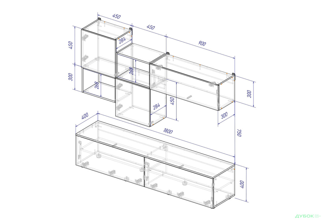 Зображення 4 - Вітальня Viant ВТ-9 з навісними полицями 180 см, дуб тахо