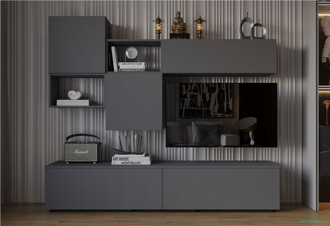 Гостиная Viant ВТ-9 с навесными полками 200 см, антрацит