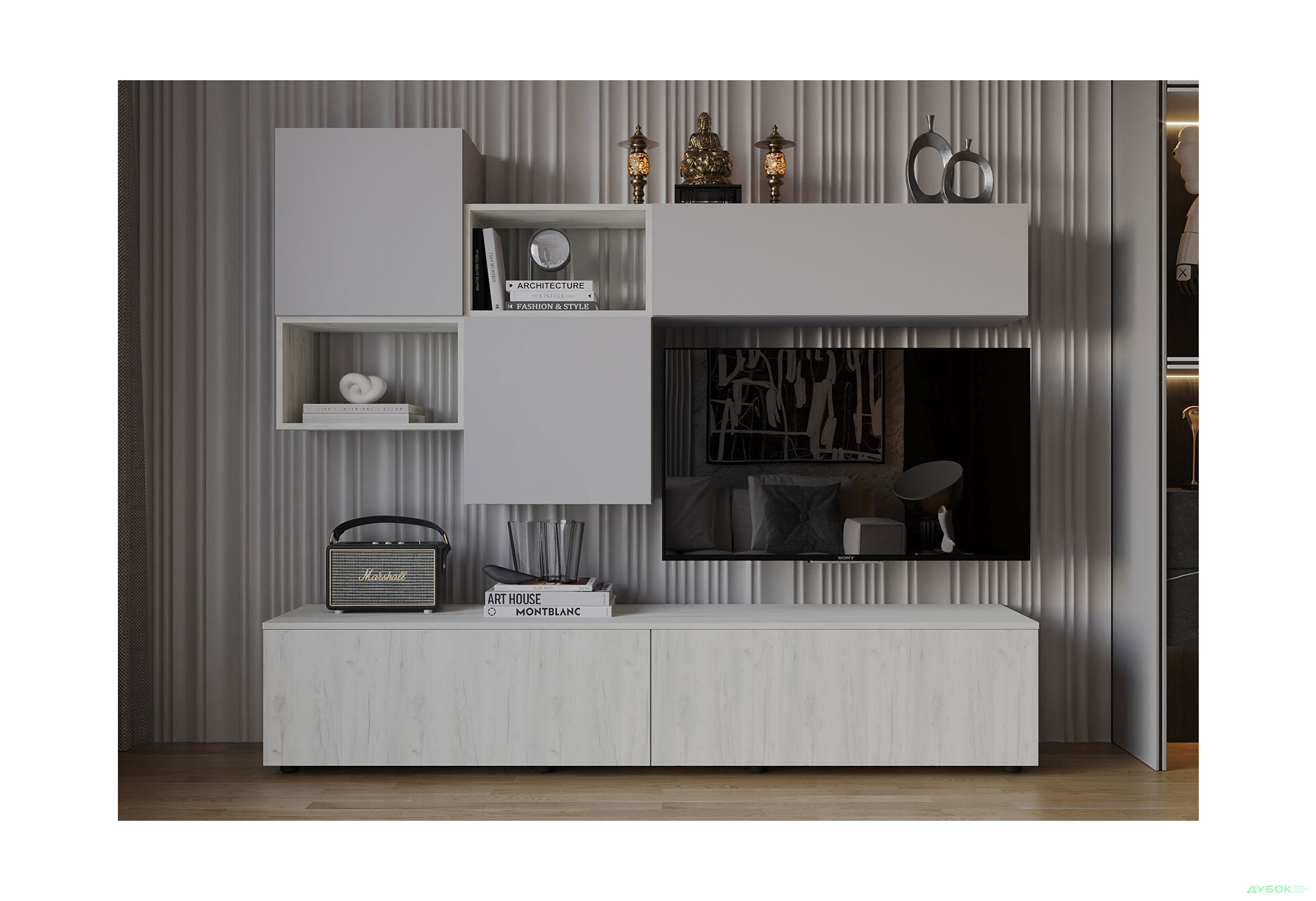 Зображення 1 - Вітальня Viant ВТ-9 з навісними полицями 200 см, сірий / дуб крафт білий