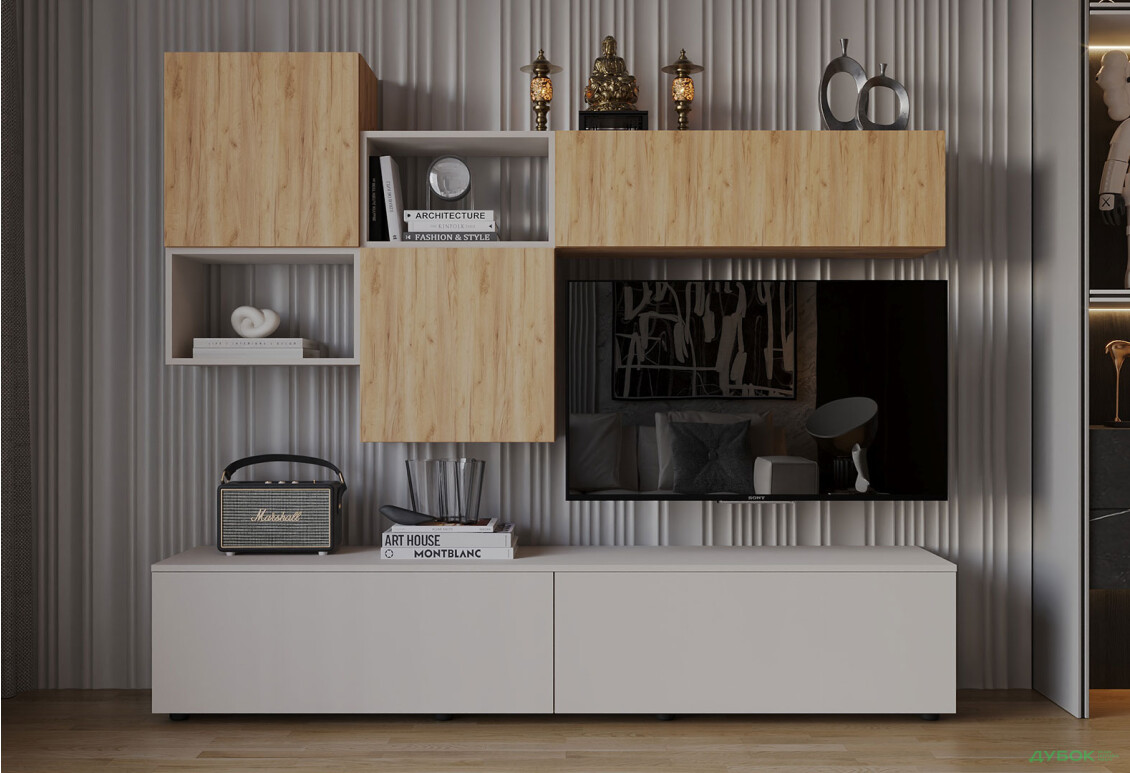 Вітальня Viant ВТ-9 з навісними полицями 200 см, дуб тахо / кашемір