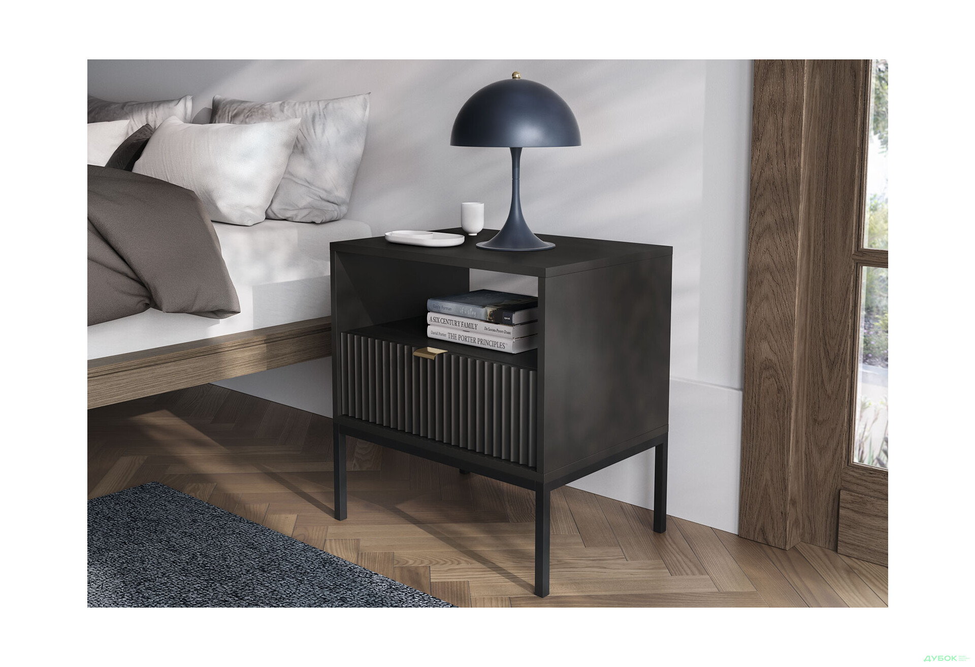 Зображення 2 - Тумба приліжкова Kredens furniture Nova / Нова S54 з полицею та шухлядою 54 см, чорні ніжки / золоті ручки, чорна