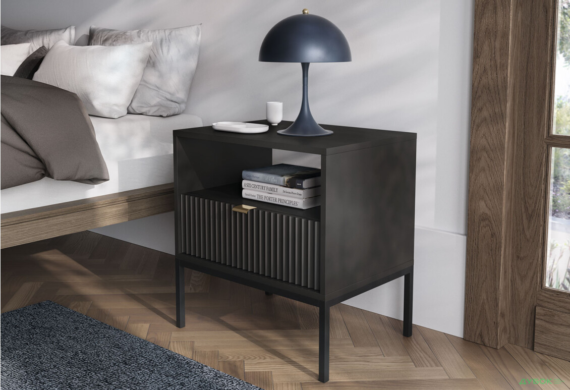 Зображення 2 - Тумба приліжкова Kredens furniture Nova / Нова S54 з полицею та шухлядою 54 см, чорні ніжки / золоті ручки, чорна