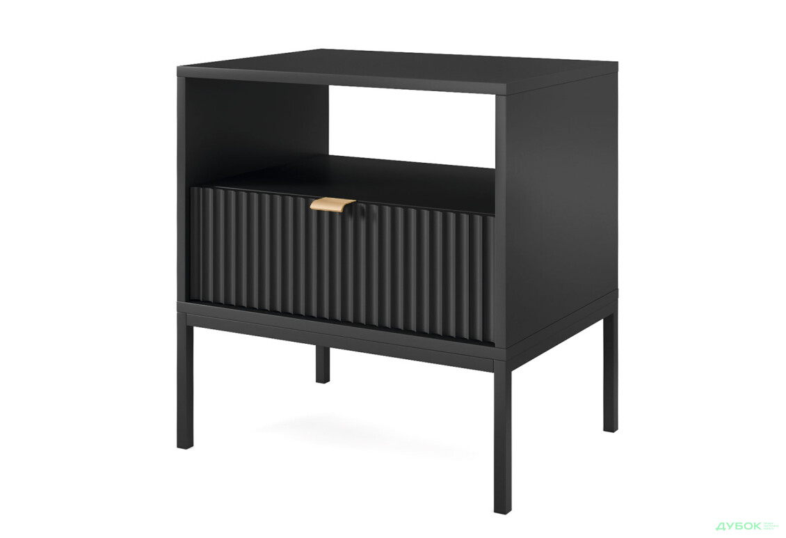Тумба приліжкова Kredens furniture Nova / Нова S54 з полицею та шухлядою 54 см, чорні ніжки / золоті ручки, чорна