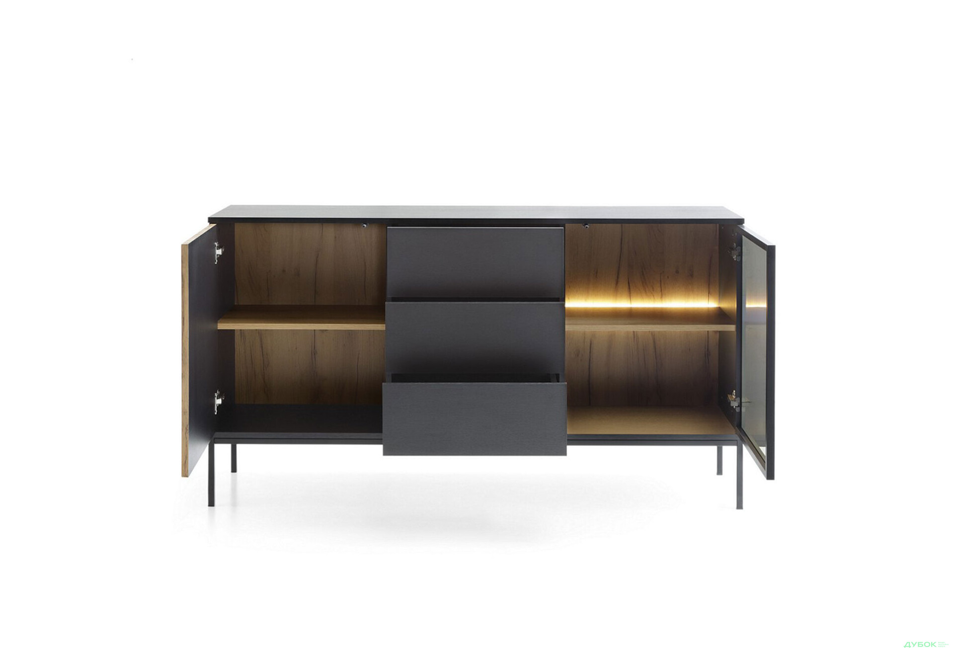 Зображення 4 - Комод з підсвіткою Perfect Home Сенто / Sento KSZ154 з вітриною, 3 шухлядами і дверкою 153 см, чорний / дуб вотан