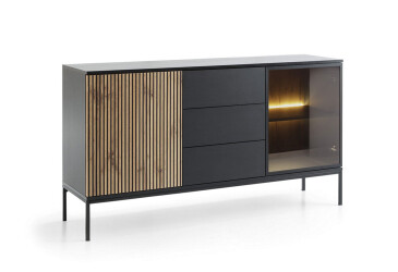 Комод з підсвіткою Perfect Home Сенто / Sento KSZ154 з вітриною, 3 шухлядами і дверкою 153 см, чорний / дуб вотан