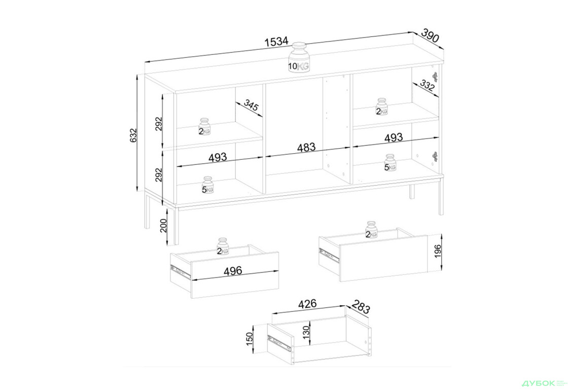 Зображення 7 - Комод з підсвіткою Perfect Home Сенто / Sento KSZ154 з вітриною, 3 шухлядами і дверкою 153 см, чорний / дуб вотан