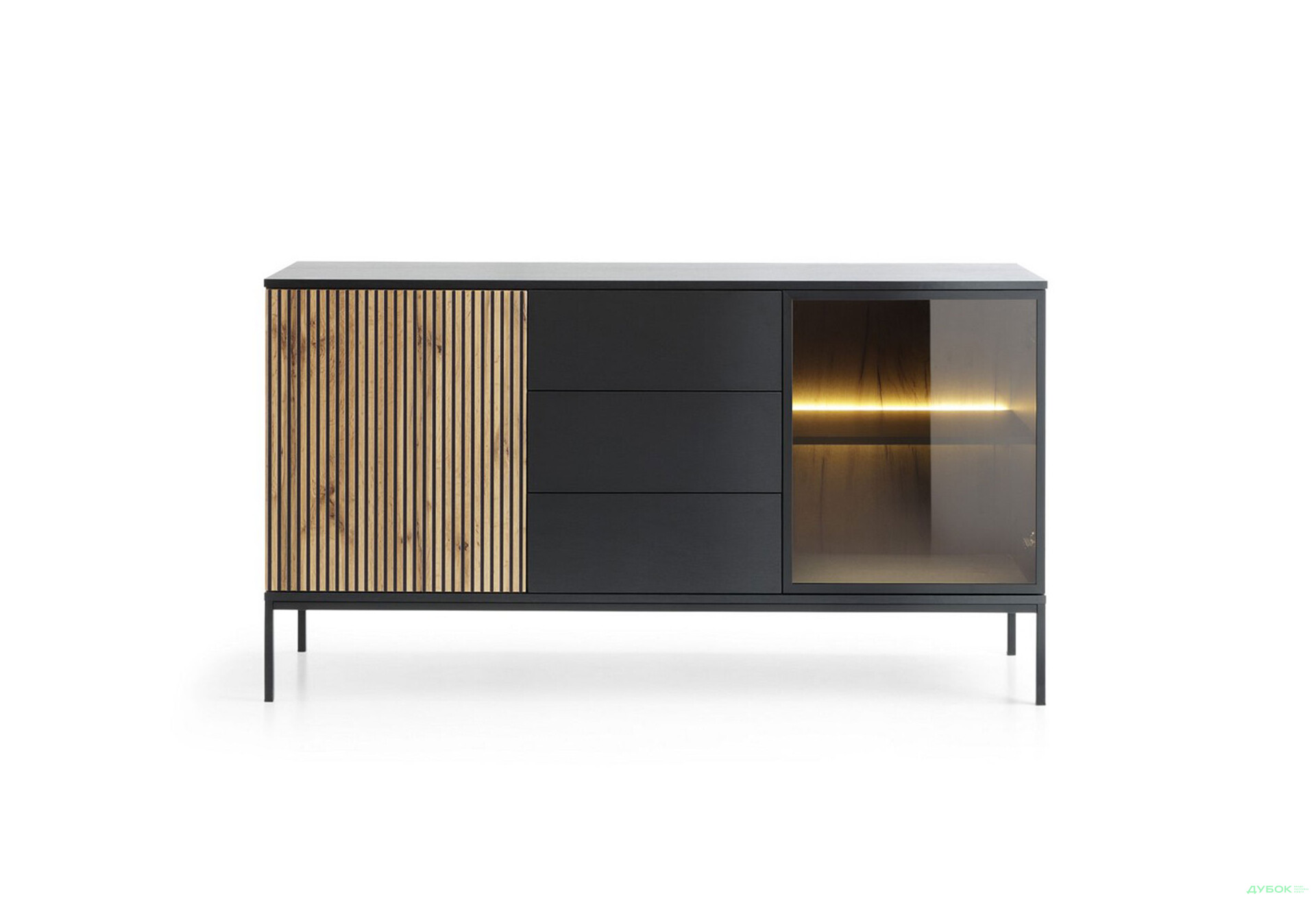 Зображення 3 - Комод з підсвіткою Perfect Home Сенто / Sento KSZ154 з вітриною, 3 шухлядами і дверкою 153 см, чорний / дуб вотан