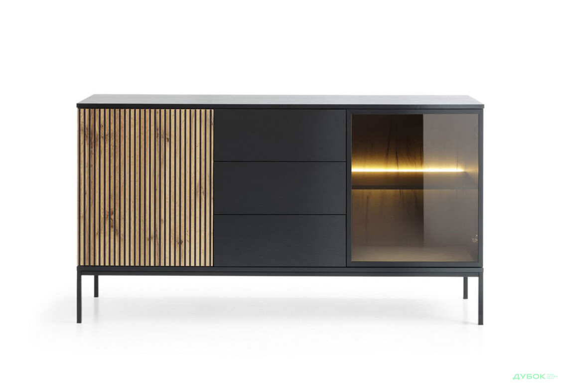 Зображення 3 - Комод з підсвіткою Perfect Home Сенто / Sento KSZ154 з вітриною, 3 шухлядами і дверкою 153 см, чорний / дуб вотан