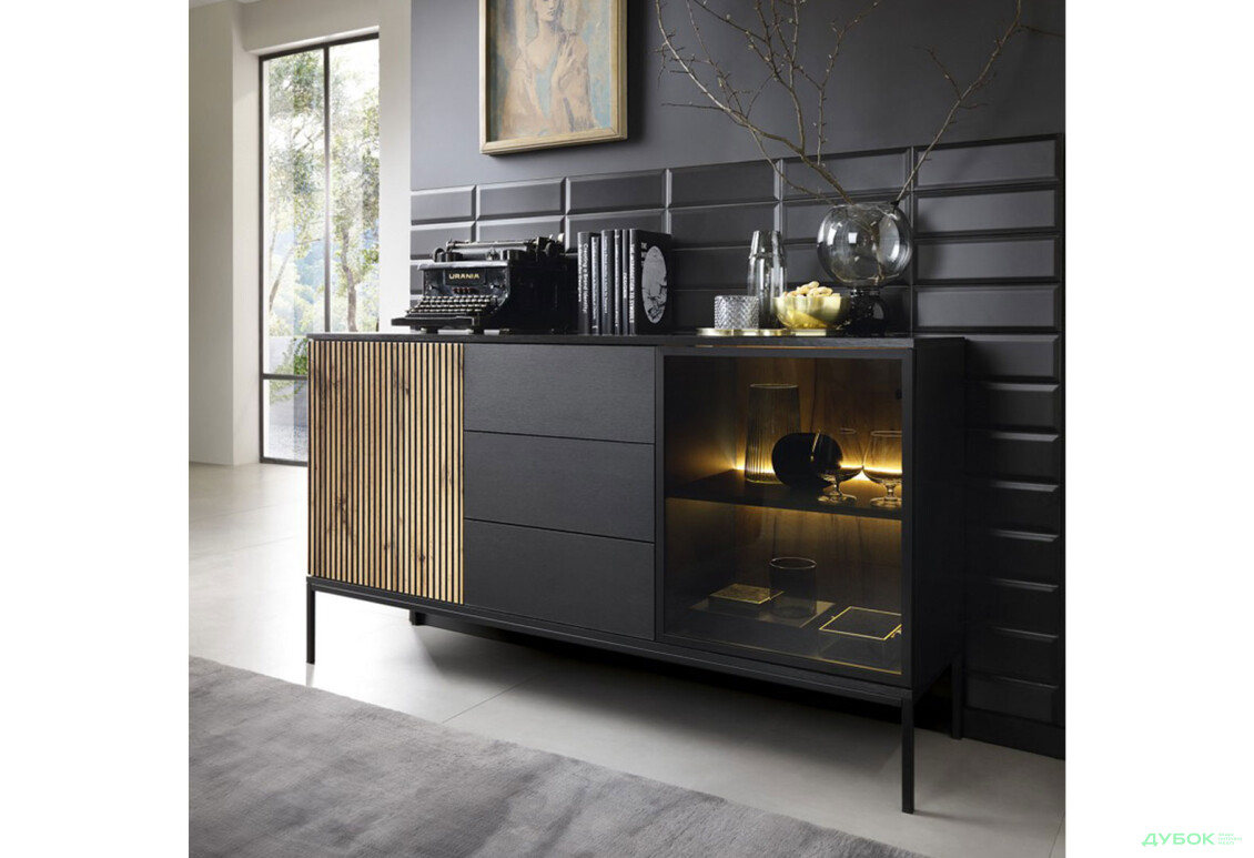 Зображення 2 - Комод з підсвіткою Perfect Home Сенто / Sento KSZ154 з вітриною, 3 шухлядами і дверкою 153 см, чорний / дуб вотан