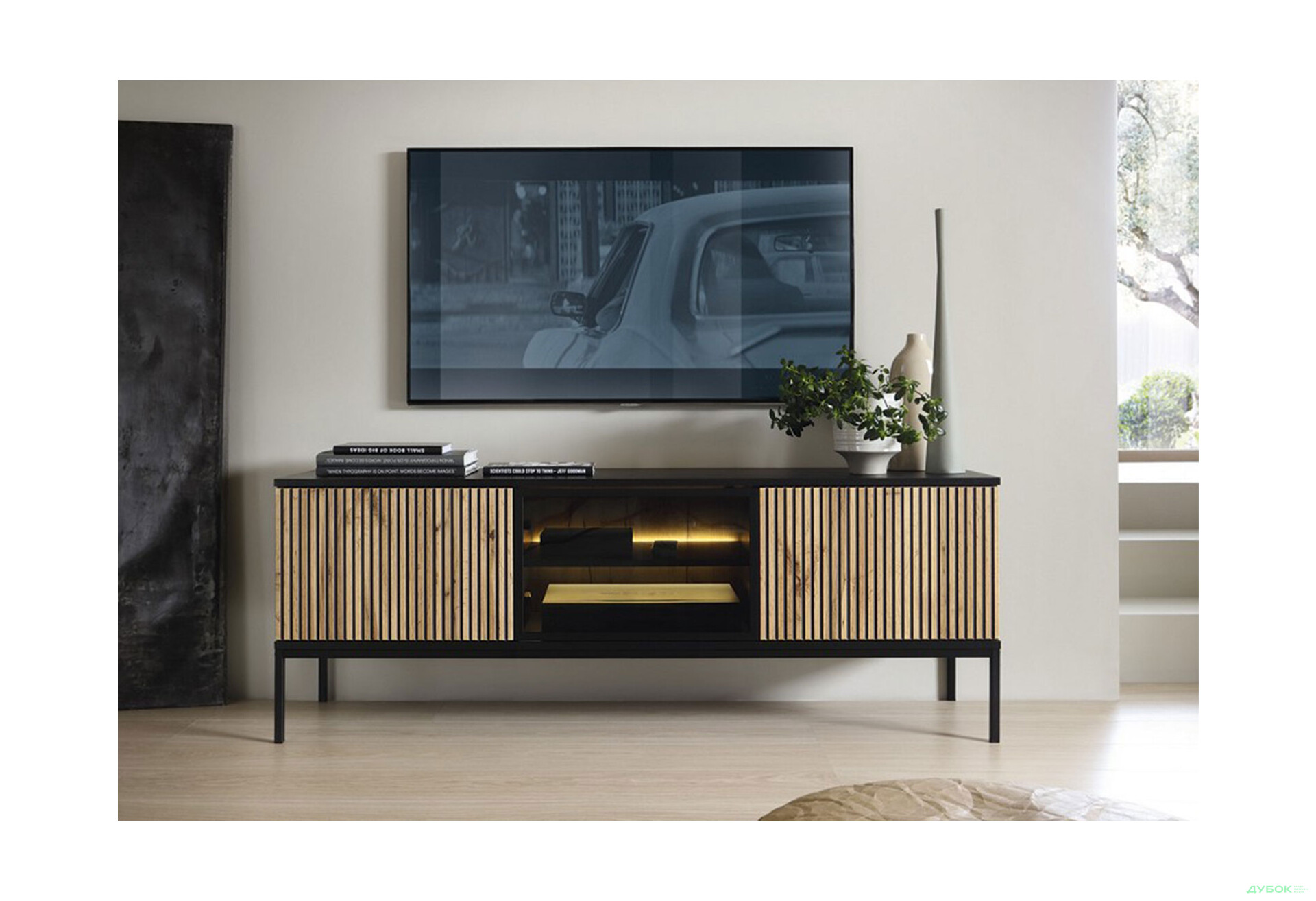 Изображение 2 - Тумба под ТВ с подсветкой Perfect Home Сенто / Sento RTV154 и витриной 153 см, черный / дуб вотан