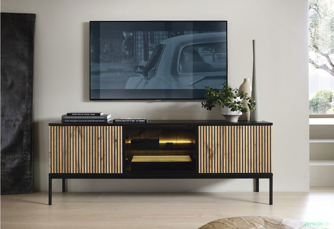 Изображение 2 - Тумба под ТВ с подсветкой Perfect Home Сенто / Sento RTV154 и витриной 153 см, черный / дуб вотан