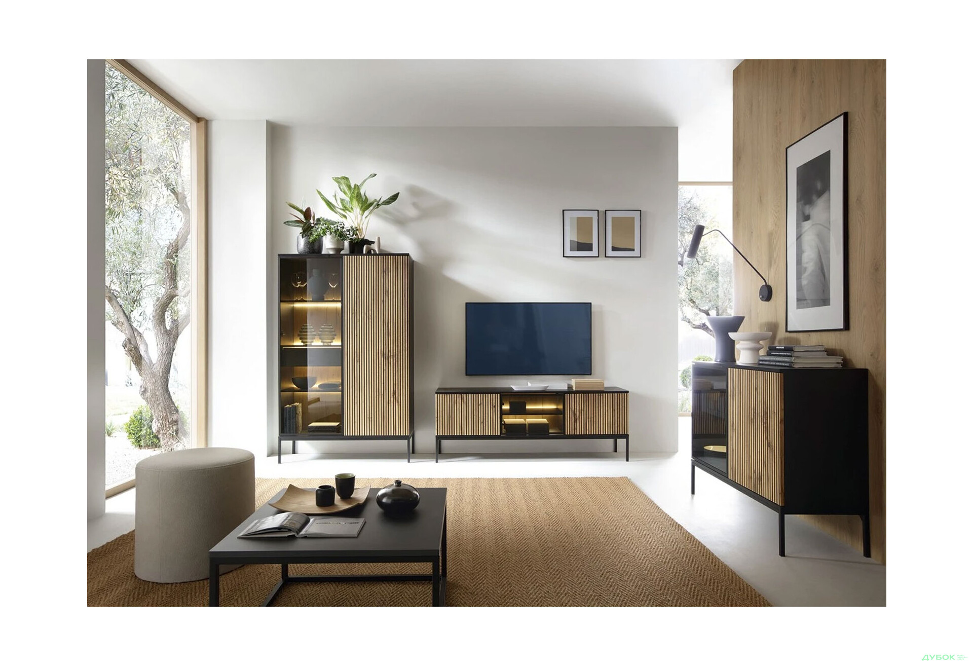 Изображение 3 - Тумба под ТВ с подсветкой Perfect Home Сенто / Sento RTV154 и витриной 153 см, черный / дуб вотан