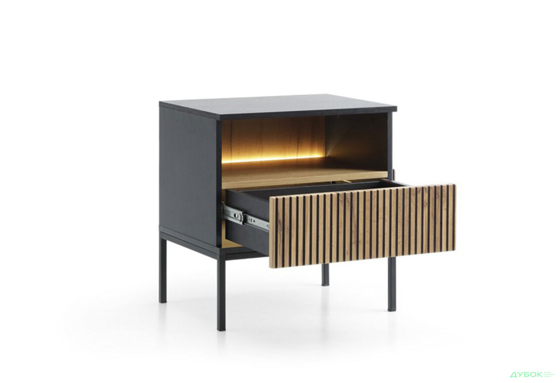 Зображення 4 - Тумба приліжкова з підсвіткою Perfect Home Сенто / Sento S54 з поличкою 53 см, чорний / дуб вотан