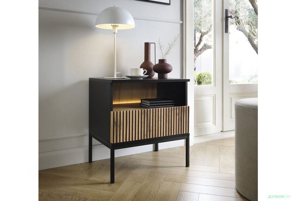 Зображення 2 - Тумба приліжкова з підсвіткою Perfect Home Сенто / Sento S54 з поличкою 53 см, чорний / дуб вотан